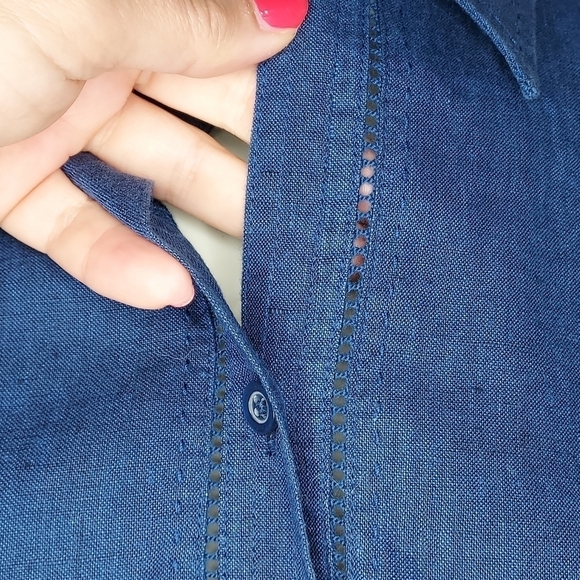 Eddie Bauer shirt linen sleeveless collar button up crochet detail navy blue SP - Picture 3 of 10